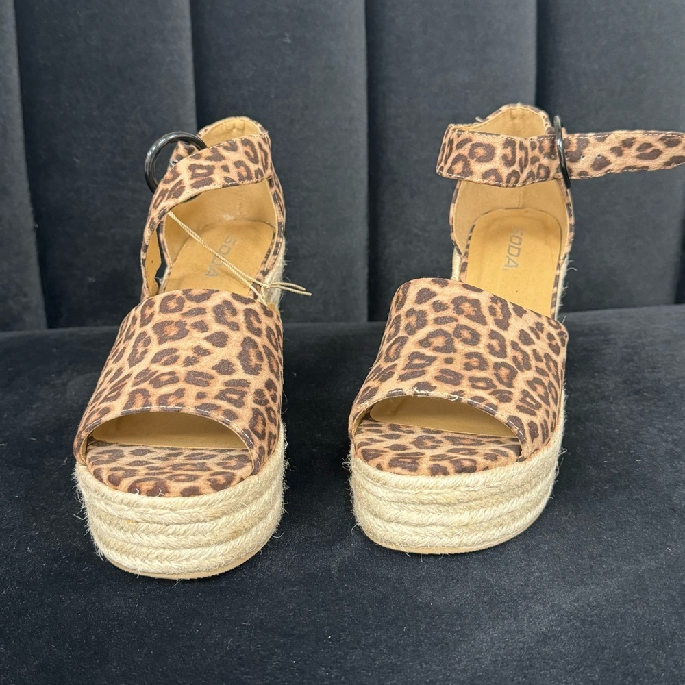 Leopard Print Open Toe Wedges With Twine Base - image 2